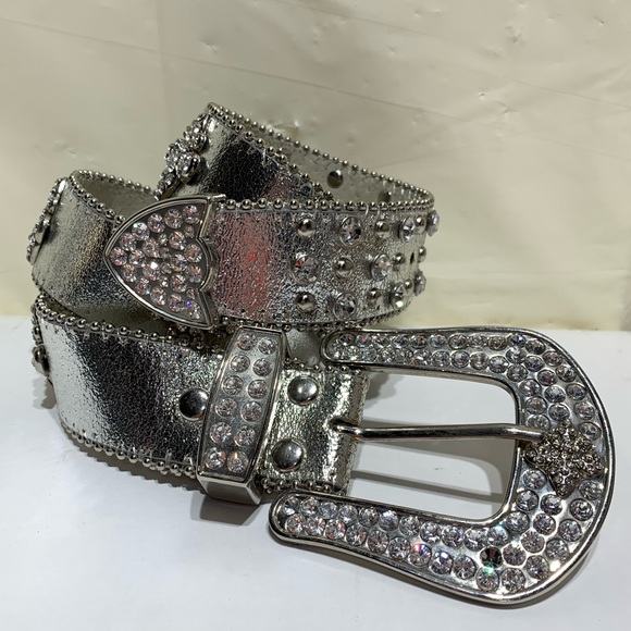 Accessories - Silver Rhinestone Western Leather Bling Belt